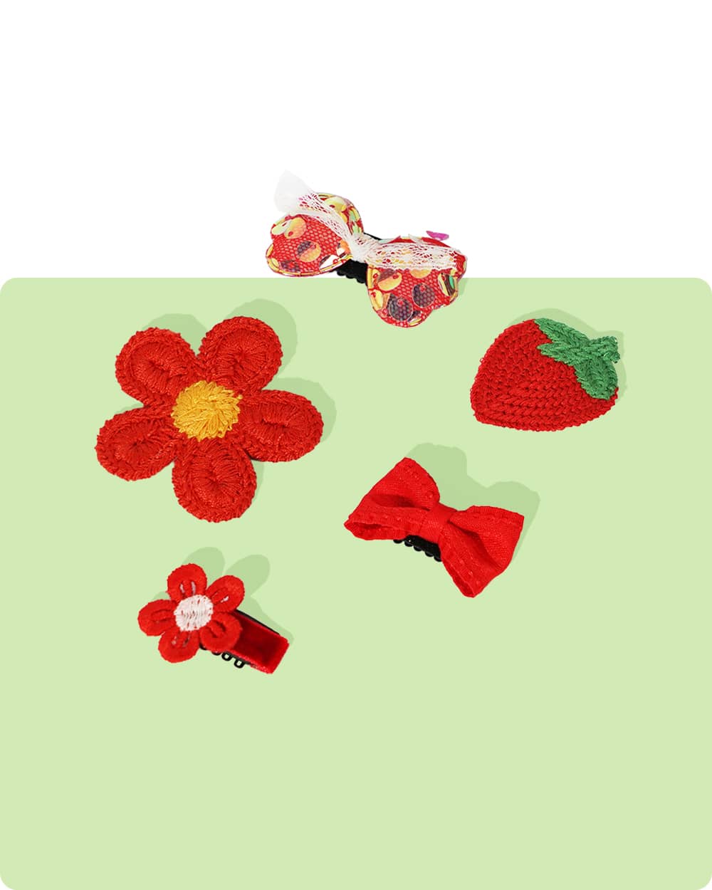 A set of high-quality pet grooming accessories, 5-pack, featuring crocheted red flowers, a patterned bow, and a solid red bow. Designed with an easy-to-wear snap clip closure, these dog hair clips add a playful and stylish touch to any pet's look. Perfect for everyday wear or festive occasions like Christmas and dog birthdays, they combine both charm and practicality.